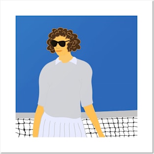 Illustration of a brown curly hair tennis player standing at the net Posters and Art